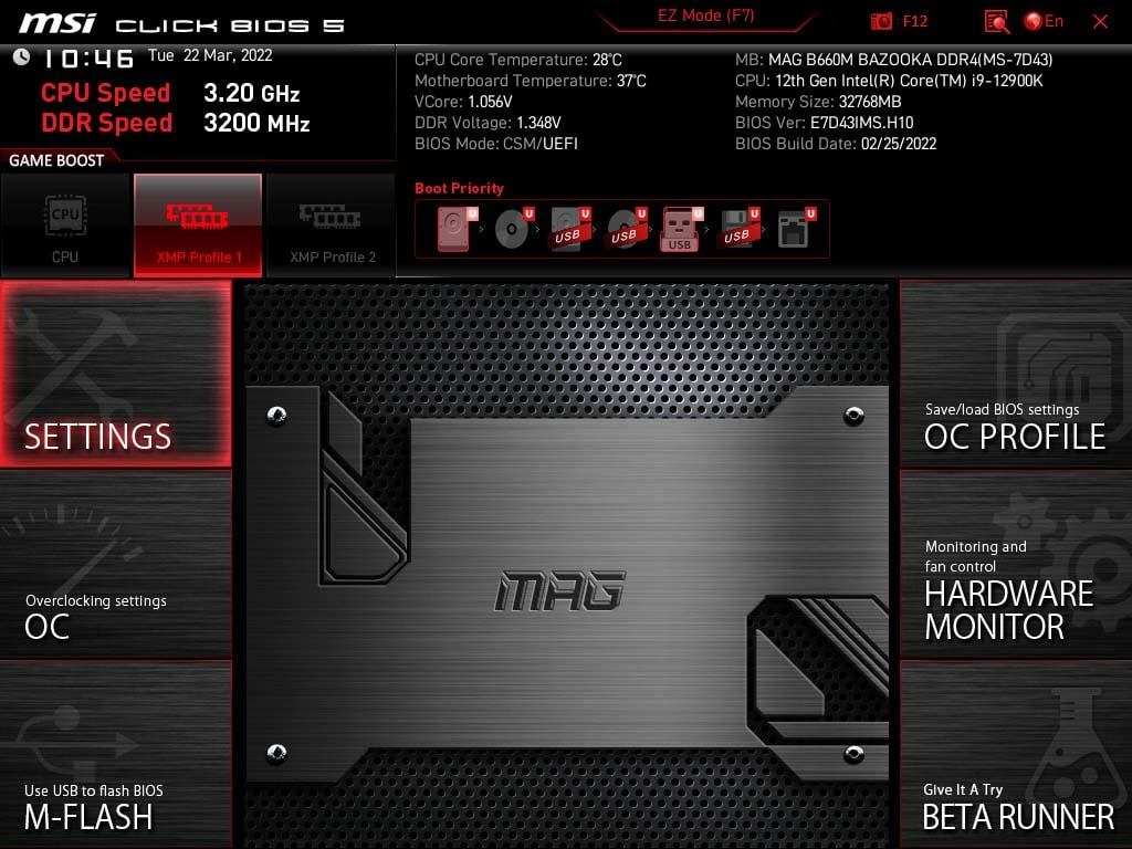 MSI MAG B660M Bazooka DDR4 BIOS home page.