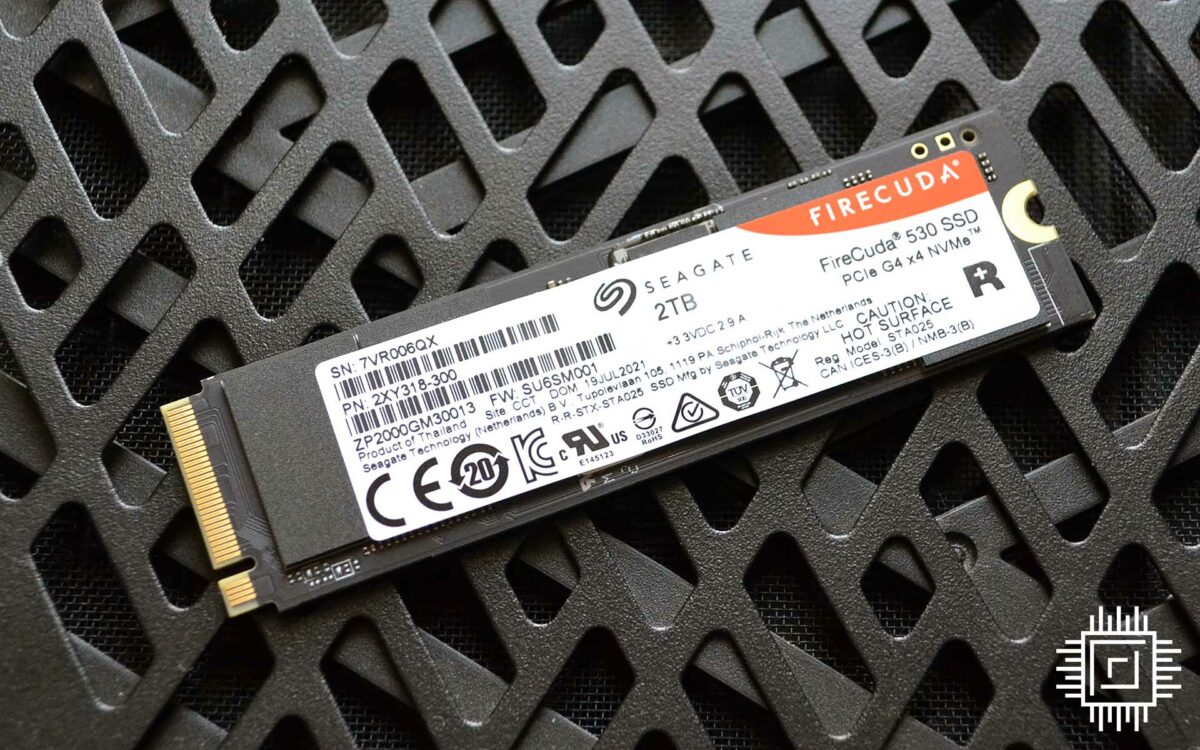 The Seagate FireCuda 530 SSD sitting on top of a gaming PC case.