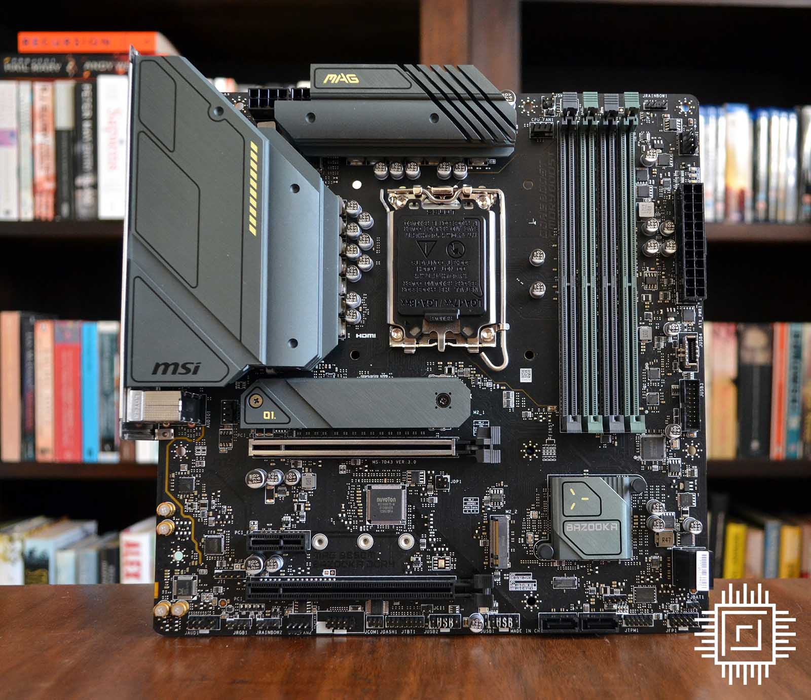 MSI MAG B660M Bazooka DDR4 standing upright.