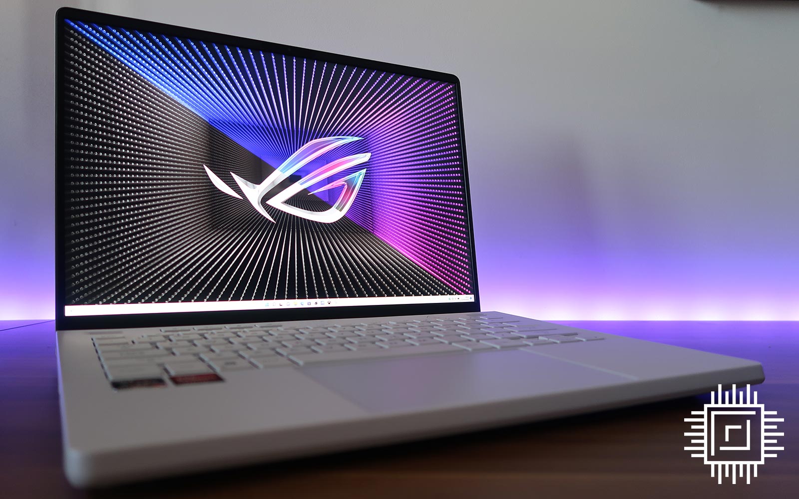 Asus ROG Zephyrus G14 with ROG logo on the screen.