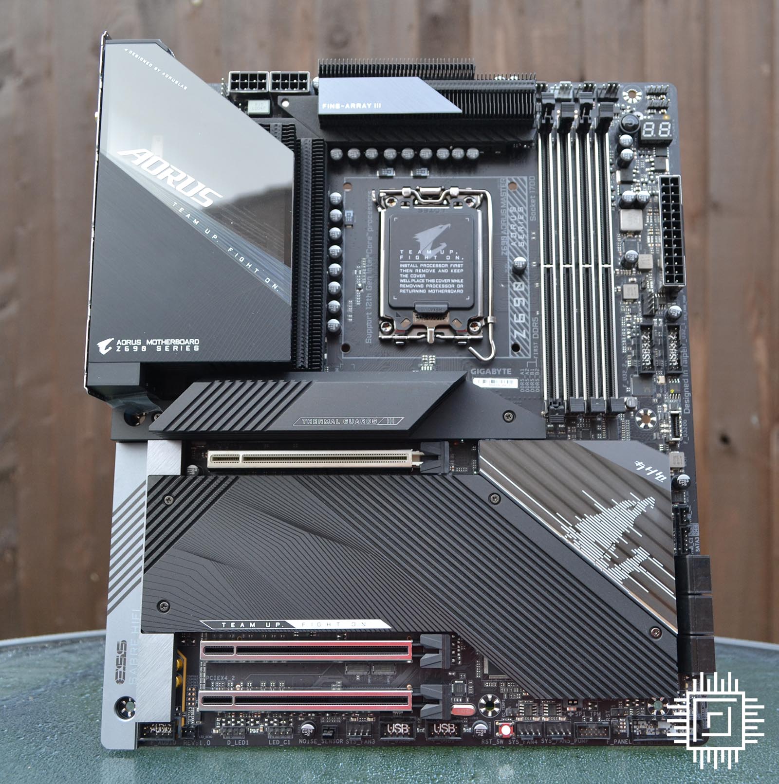 Z690 Aorus Master standing upright.