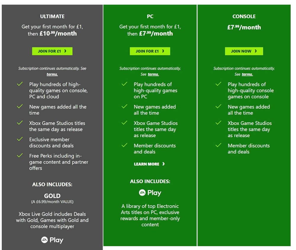 Current Game Pass Plans as of August