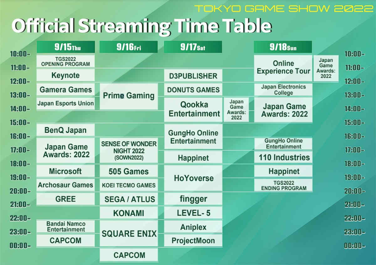 Official streaming schedule TGS 2022