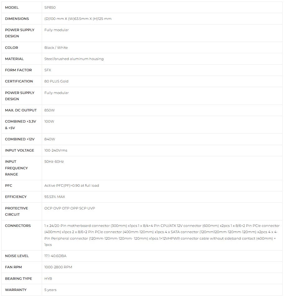 Lian Li SP850 Specs