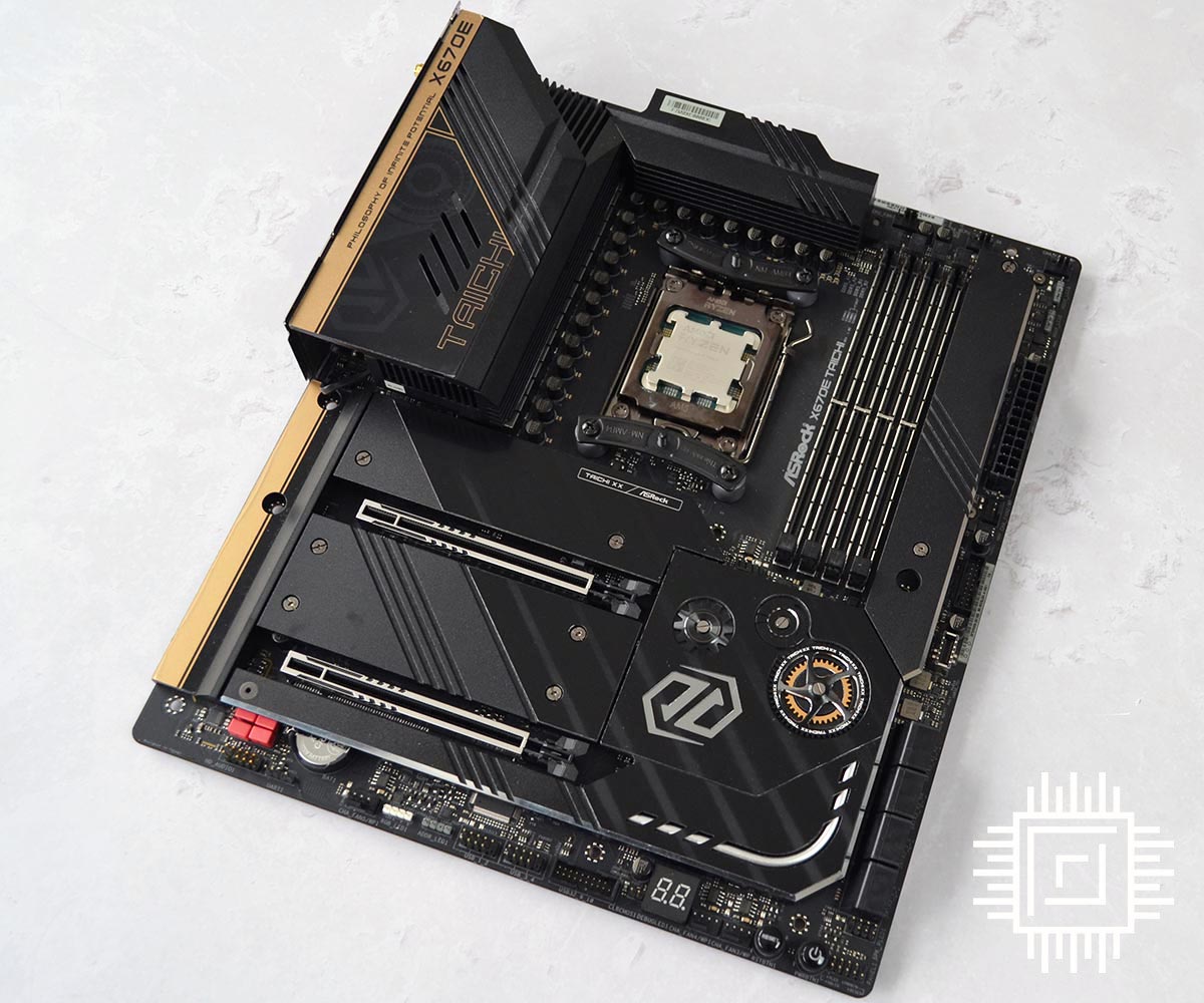 ASRock X670E Taichi with an AMD CPU mounted.