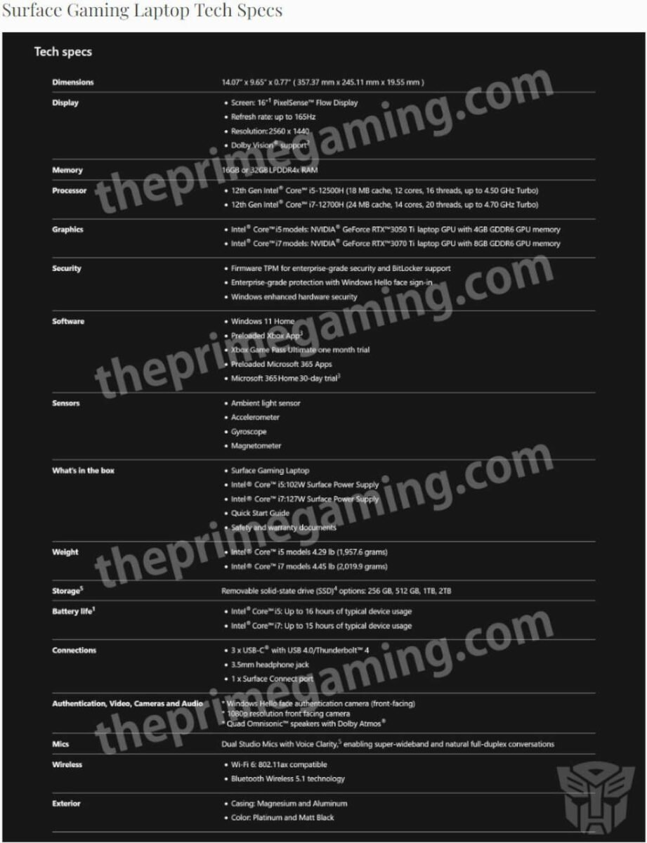 Tech Specs Leak Surface Gaming Laptop