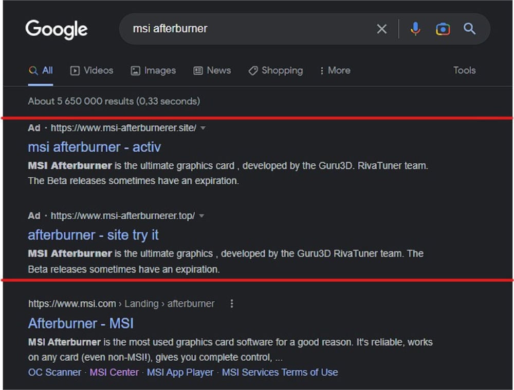 MSI Afterburner Malicious ads