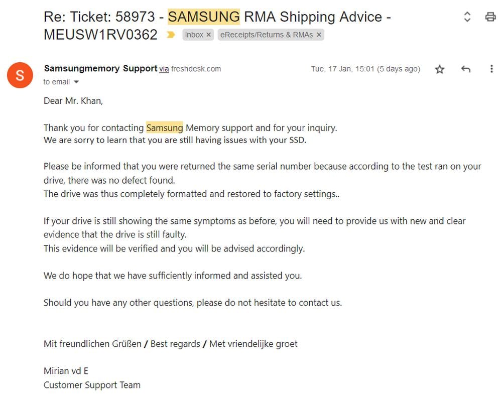 Samsung's RMA email