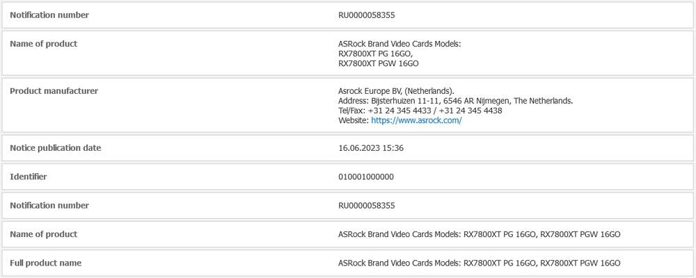 ASRock RX 7800 XT 16GB spotted on EEC listing