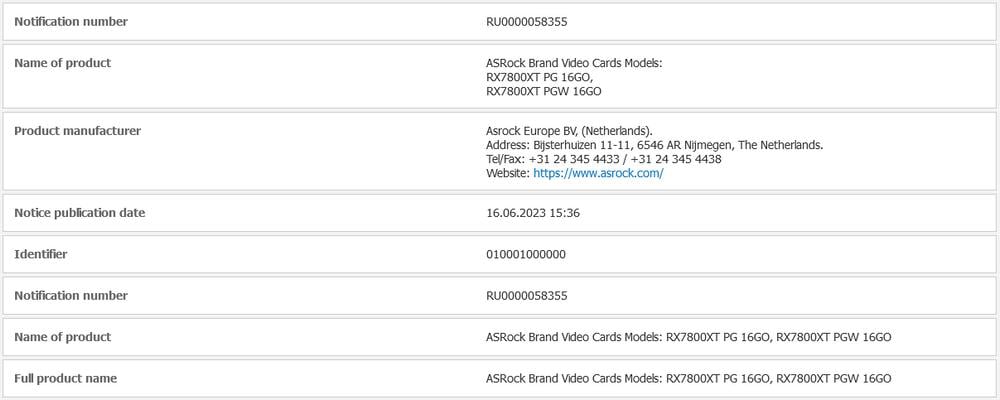 ASRock RX 7800 XT 16GB spotted on EEC listing