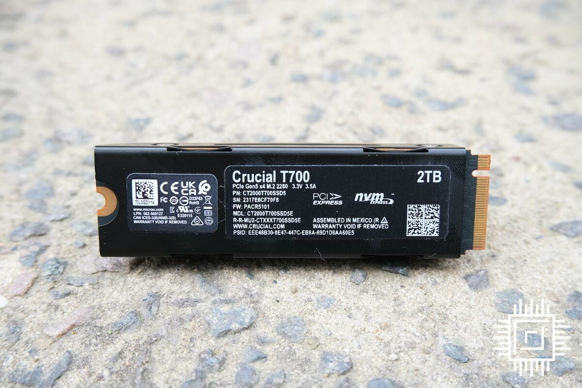 The underside of the Crucial T700 NVMe SSD.