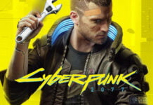 Cyberpunk 2077's main protagonist on a yellow background holding a wrench