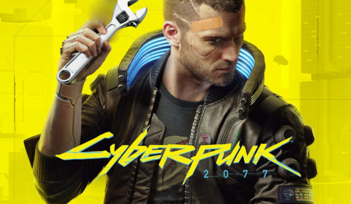 Cyberpunk 2077's main protagonist on a yellow background holding a wrench