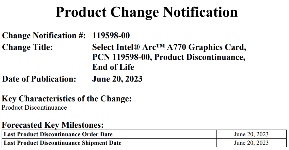 Intel Arc A770 LE EOL
