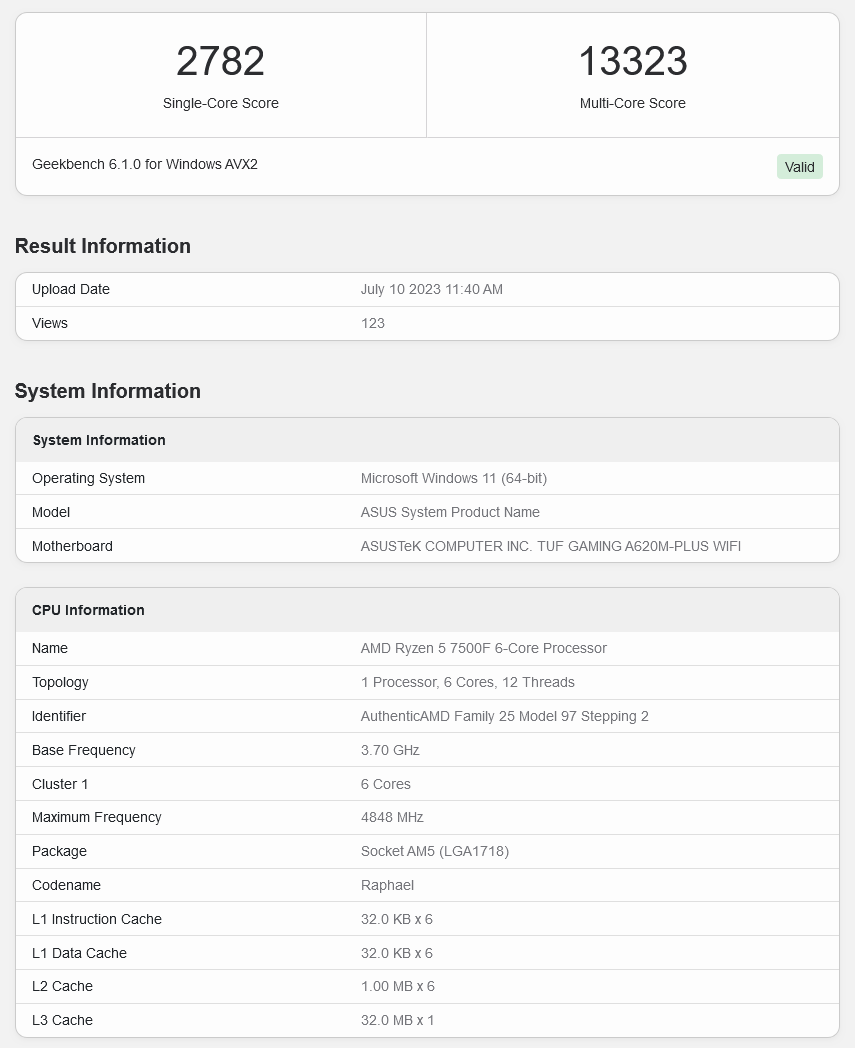 Ryzen 5 7500F Geekbench