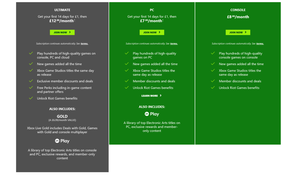 Game Pass PC, Console, and Ultimate price