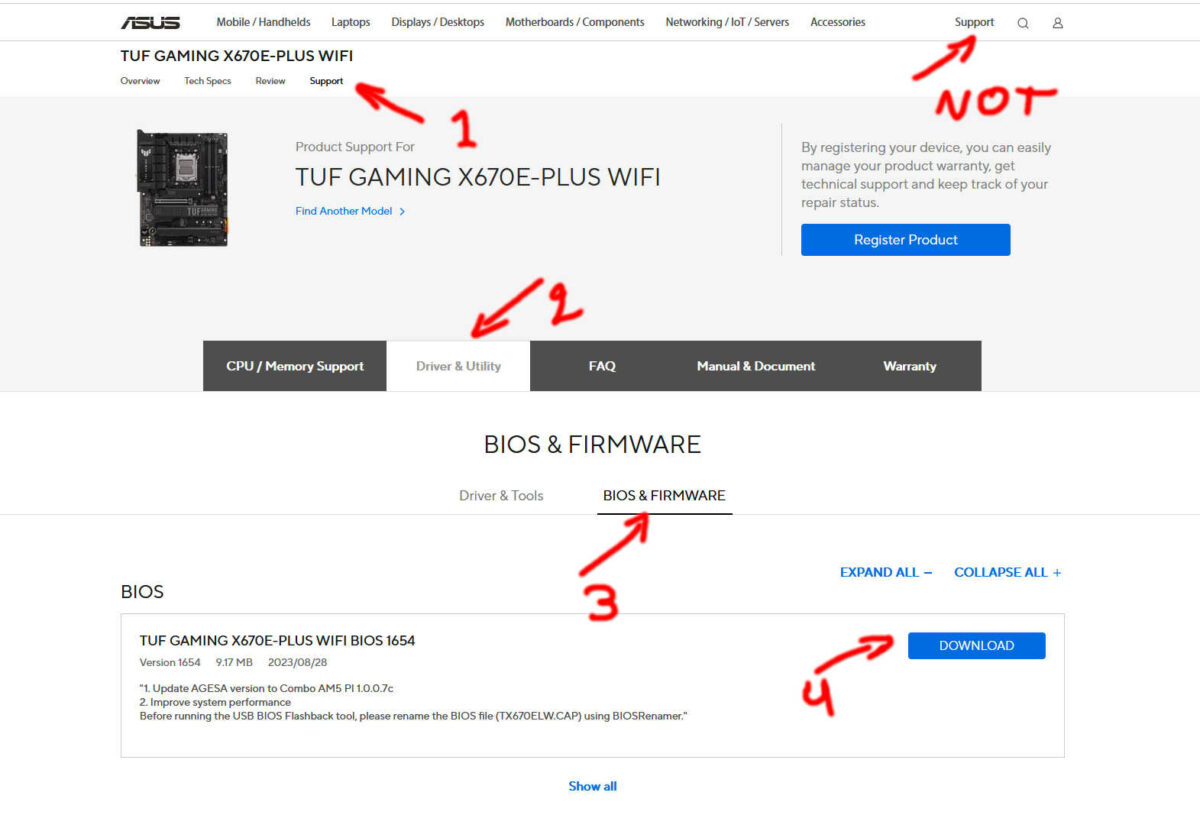 A screenshot of the Asus TUF Gaming X670E-Plus motherboard product page with instructions how to download BIOS the file.