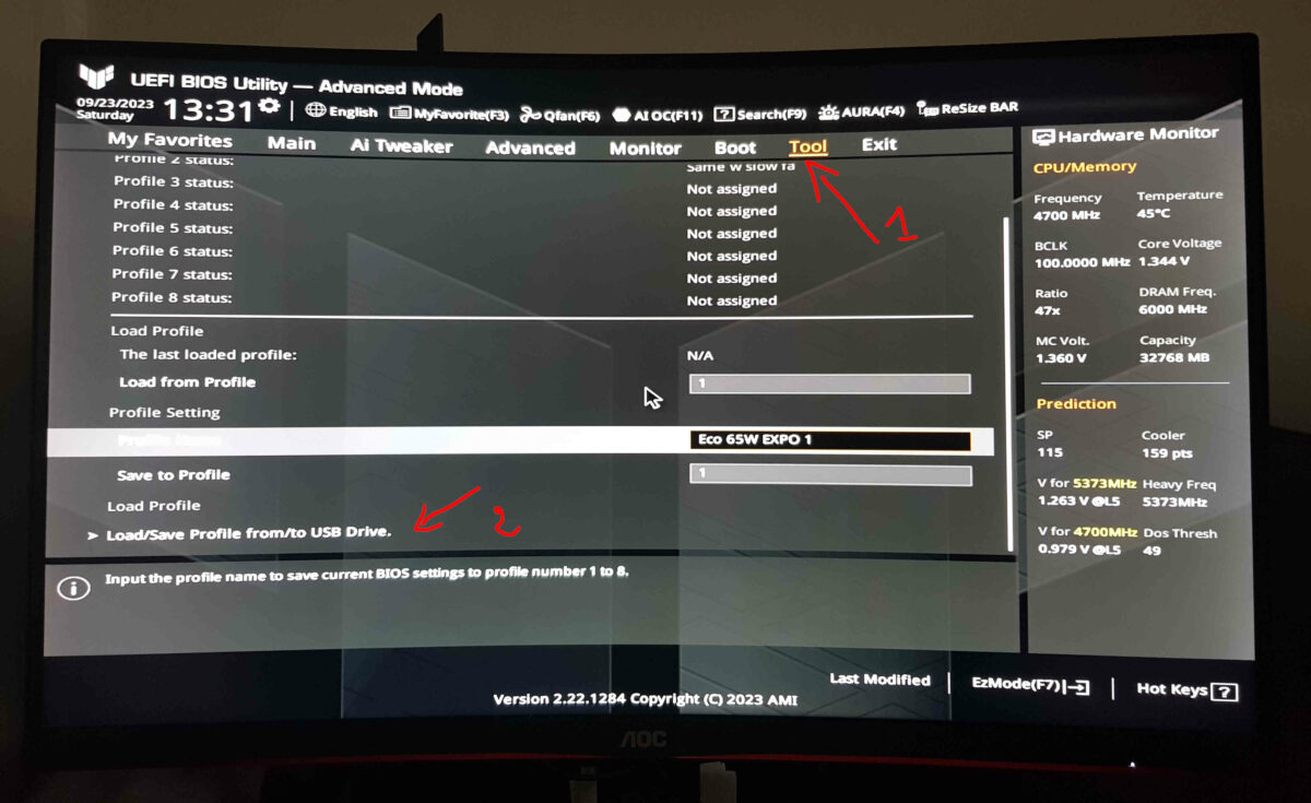 The Asus TUF Gaming BIOS menu with arrows pointing to Tool and Load/Save Profile from/to USB drive.