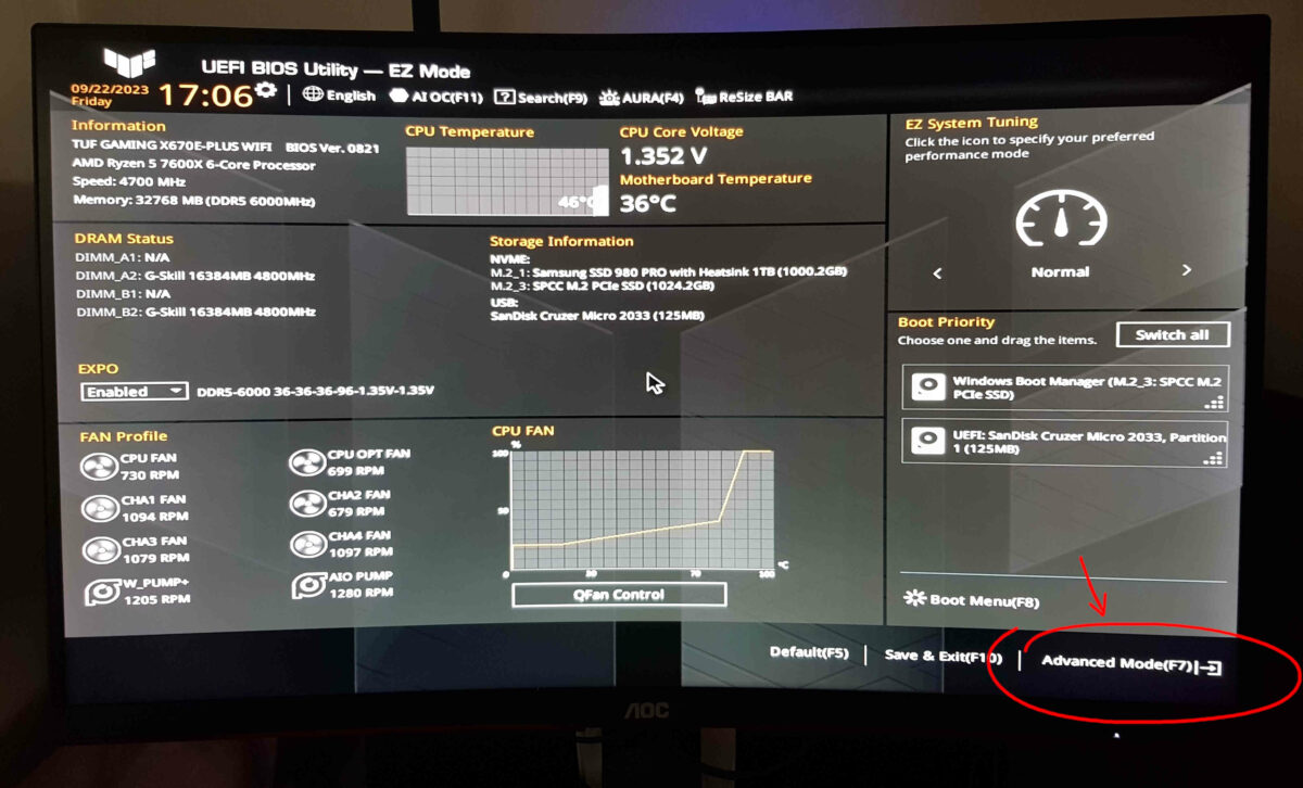 The Asus TUF Gaming BIOS Advanced Mode screen.