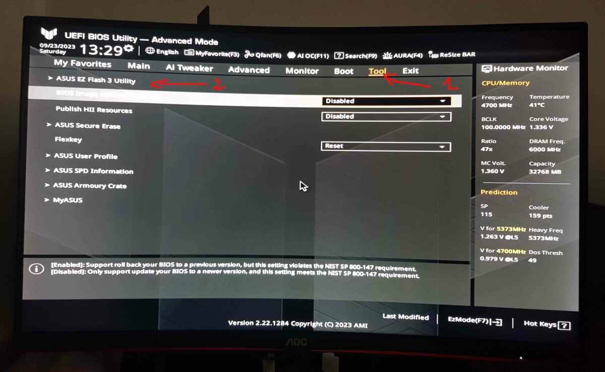 The Asus TUF Gaming BIOS menu EZ Flash 3 screen.