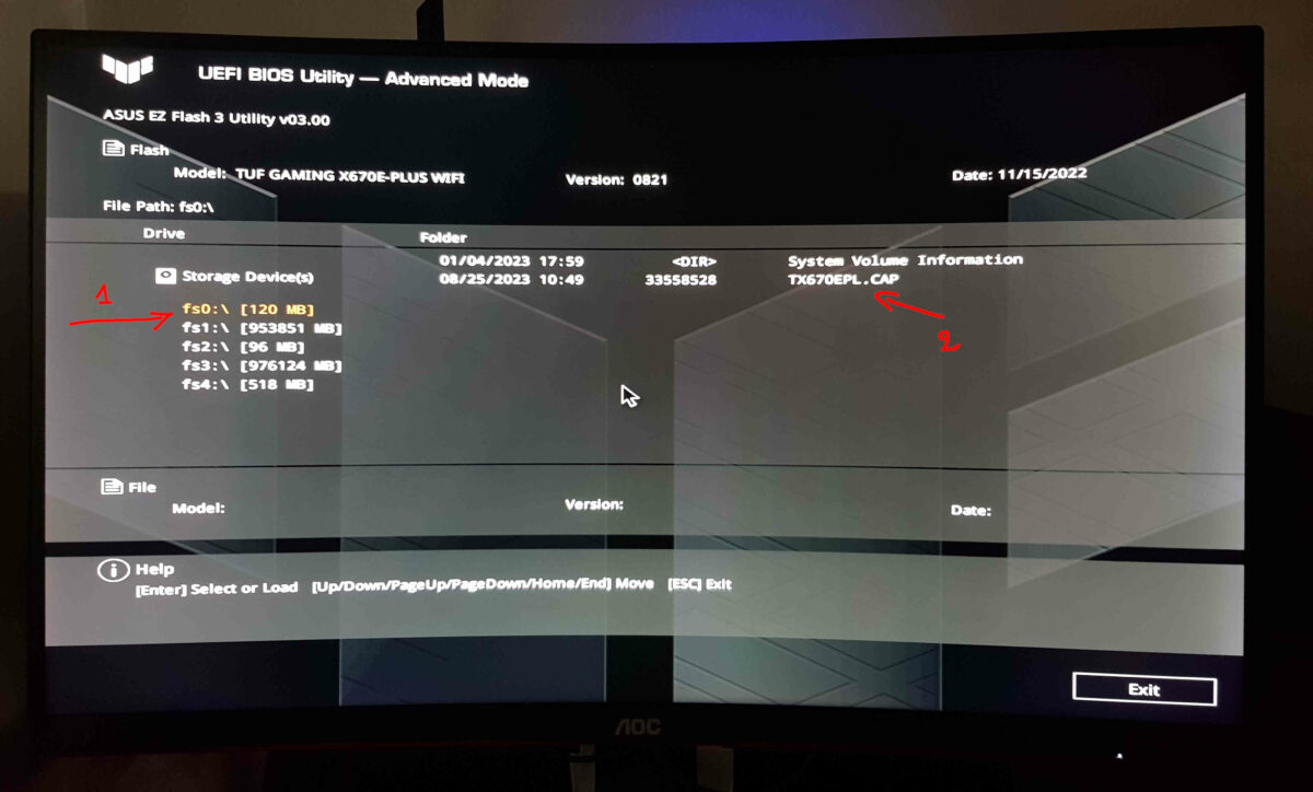 The Asus TUF Gaming BIOS menu with instructions to select your BIOS file.