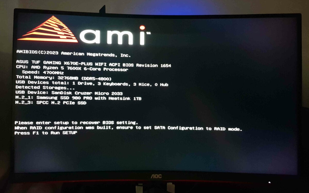 The Asus TUF Gaming BIOS boot indicating that the BIOS update is finished.