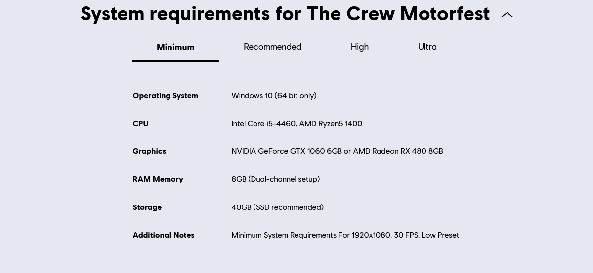 The Crew Motorfest - Minimum specs