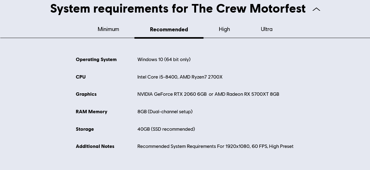 The Crew Motorfest - Recommended specs