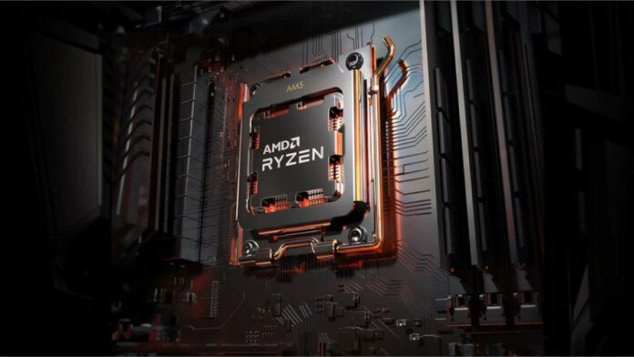 AMD Ryzen processor render on an AM5 motherboard.