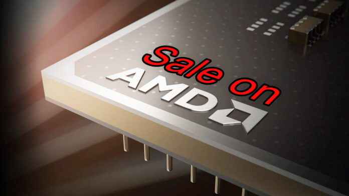 AMD-ryzen-9-5900X-cpu-amazon-prime-day-deal-1 The AMD symbol with 'sale on' written above it.
