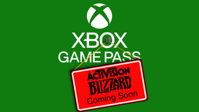 A sign saying 'Activision Blizzard coming soon' is pinned over an Xbox Game Pass logo.