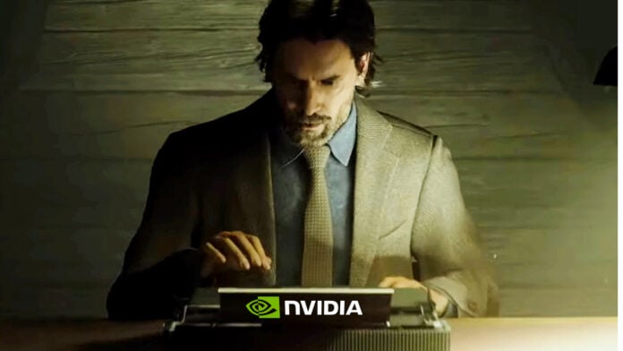 Alan Wake sits at an Nvidia-branded typewriter.