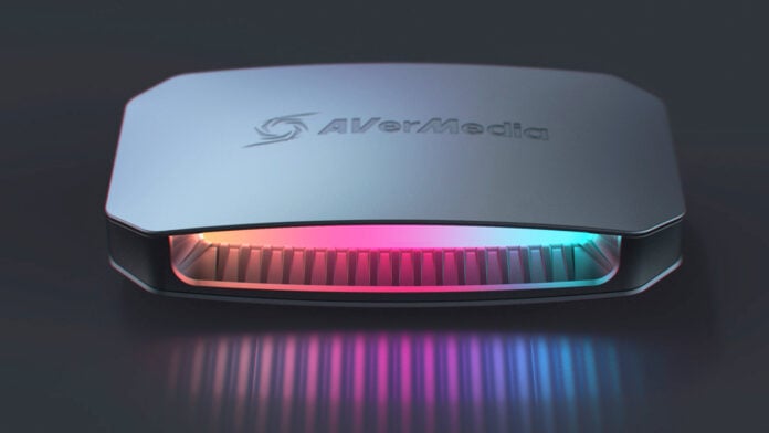 The Avermedia Live Gamer Ultra 2.1 video capture card with RGB lighting shining out of the front.