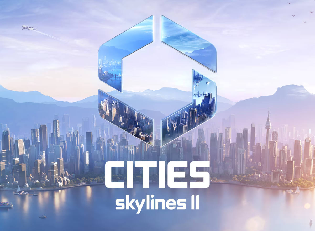 Cities Skyline logo amidst large metropolis background