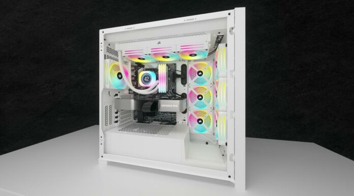 Corsair iCUE Link LCD Liquid CPU Cooler inside a white computer chassis Corsair iCUE Link LCD Liquid CPU Cooler inside a white computer chassis