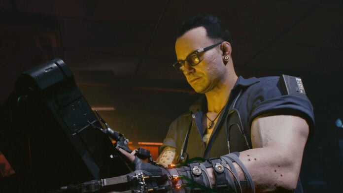 Cyberpunk 2077's doctor Viktor Vektor holding a computer tablet.
