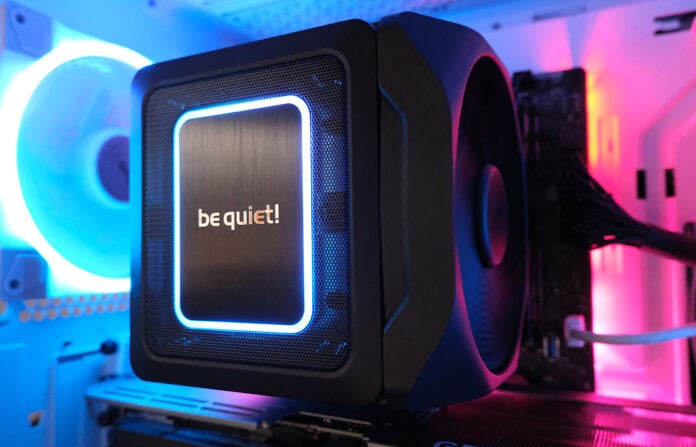 be quiet! Dark Rock Elite mounted to a CPU with blue and pink lights around it.