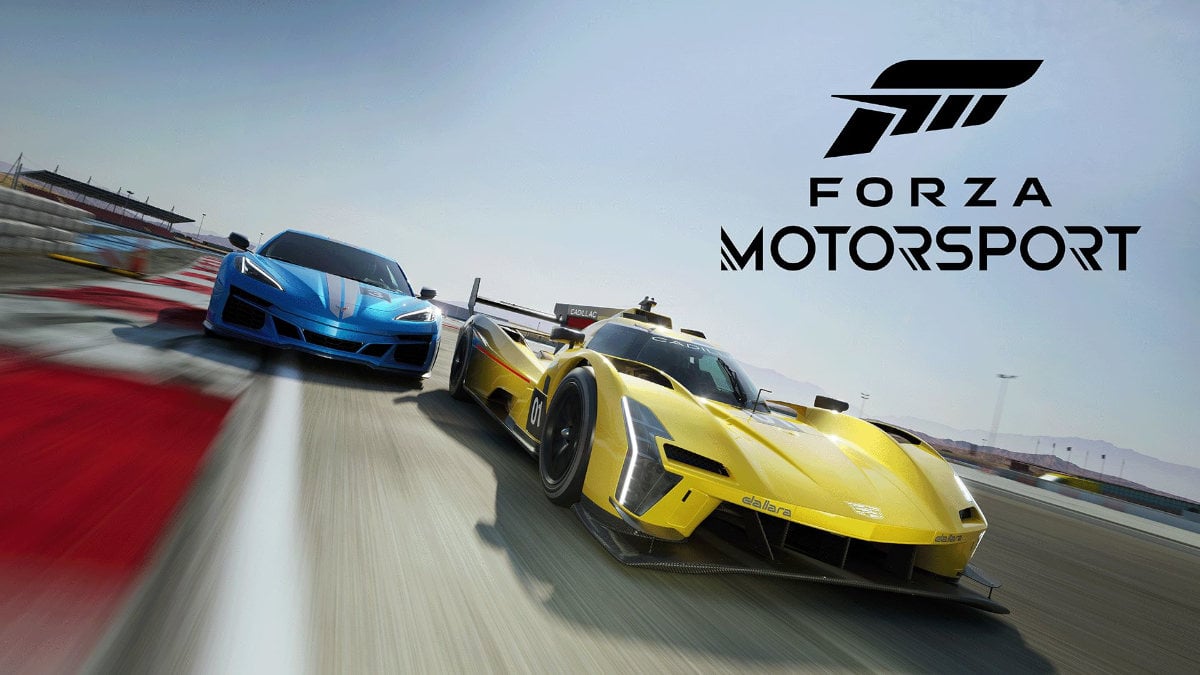 Forza Motorsport title card featuring two hyper cars on a race track