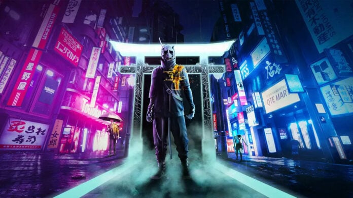 GhostWire Protagonist posing in a neon lit street