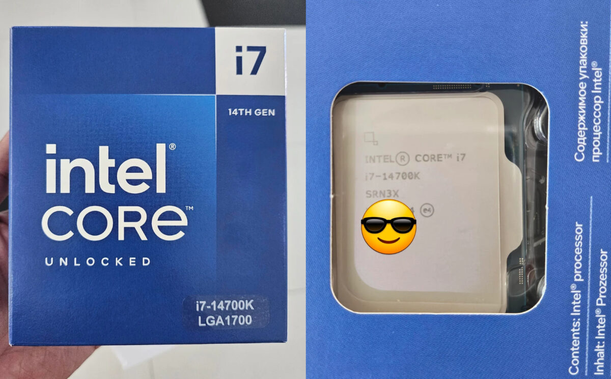 The retail box of an Intel Core i7 14700K CPU box from the front and the back.