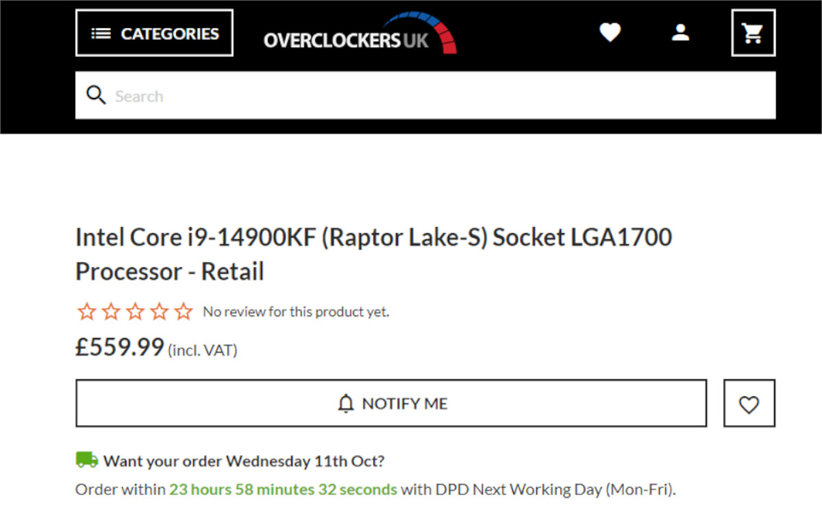 Overclockers UK Core i9 14900K Price listing