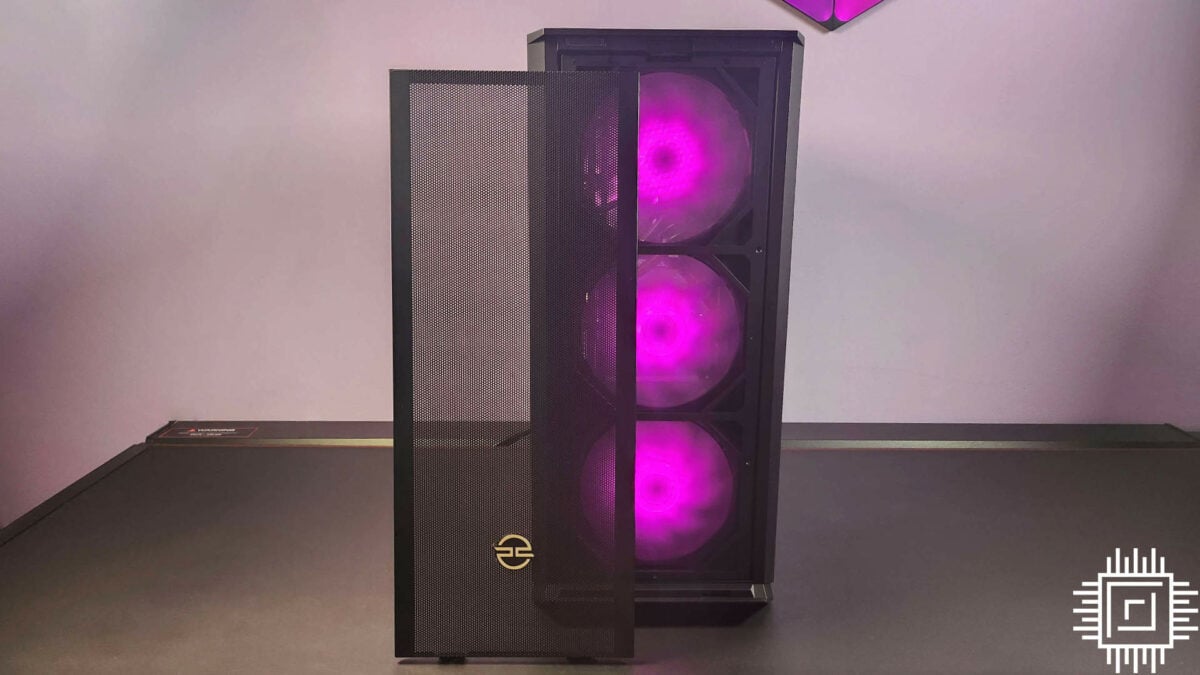 The front of the PCSpecialist Odin TX, showcasing three pink-lit fans and a detached magnetic front panel.