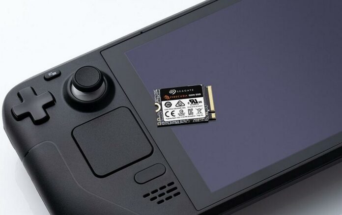 Seagate FireCuda 520N SSD on top of a Steam Deck handheld Seagate FireCuda 520N SSD on top of a Steam Deck handheld