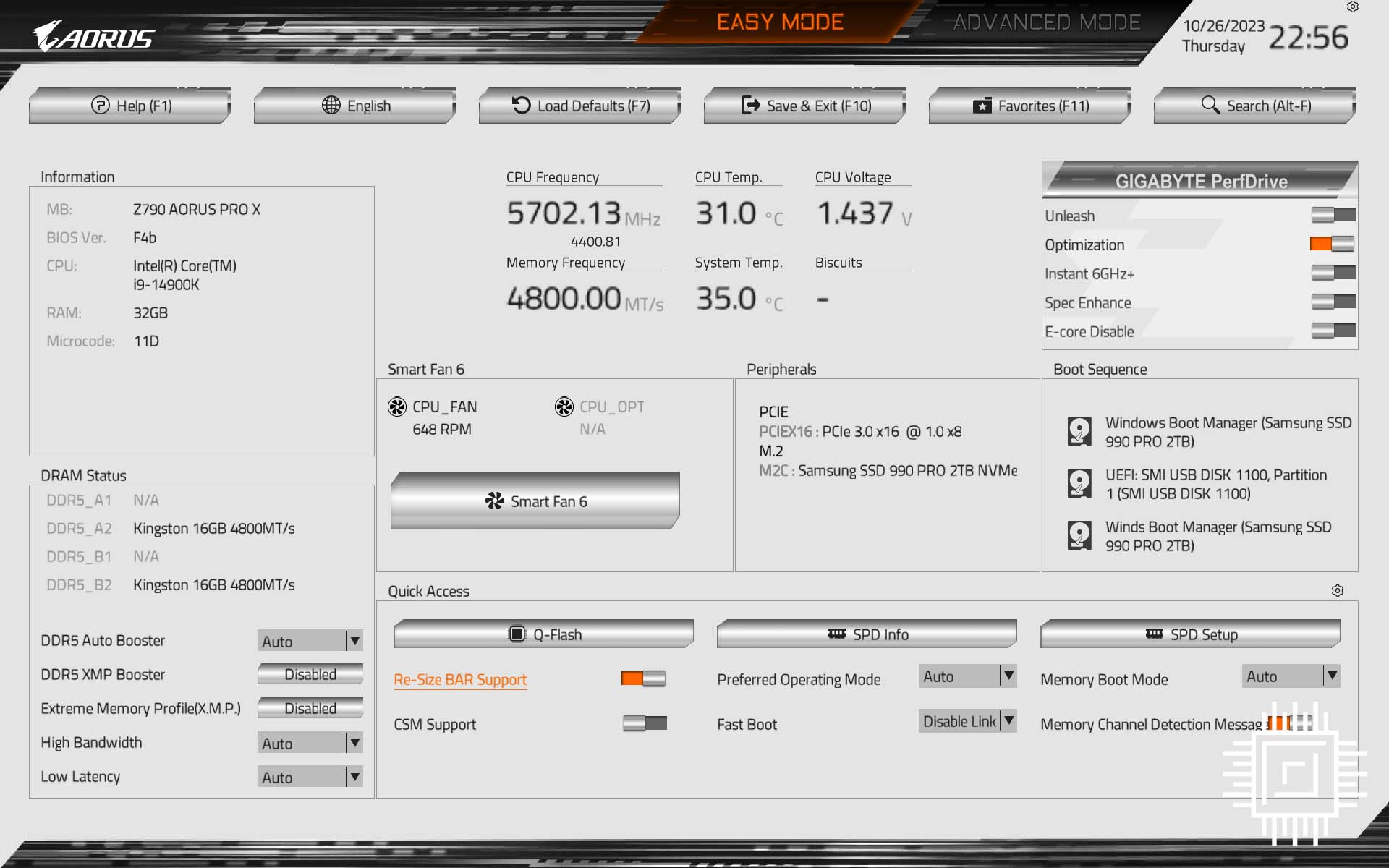 Gigabyte Z790 Aorus Pro X main firmware picture.