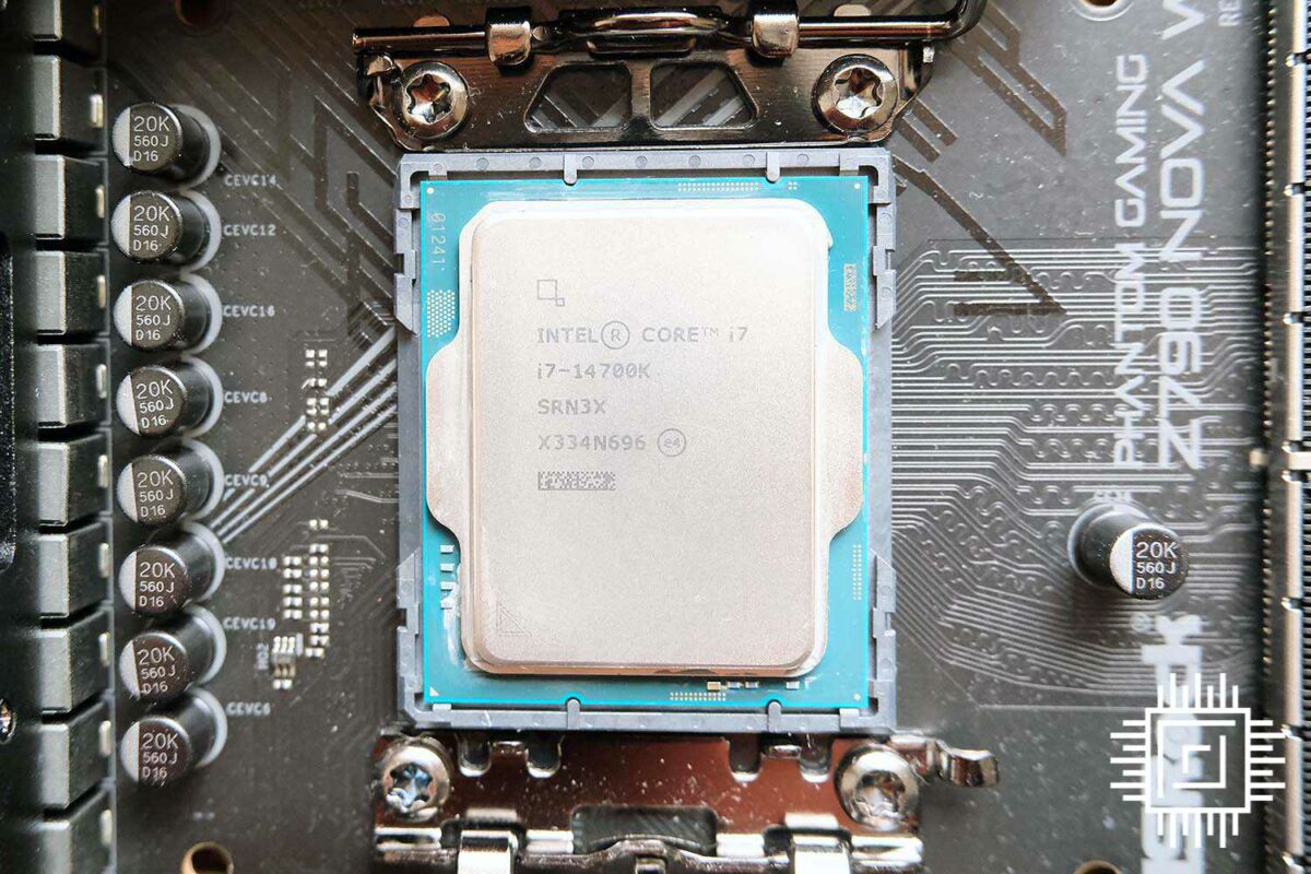 The Intel Core i7-14700K processor sitting in the LGA 1700 motherboard socket.