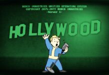 A Fallout monitor with the Hollywood sign and Vault Boy singing into a microphone.