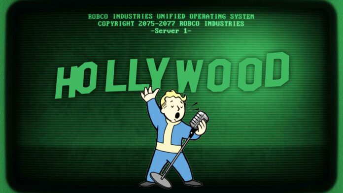 A Fallout monitor with the Hollywood sign and Vault Boy singing into a microphone.