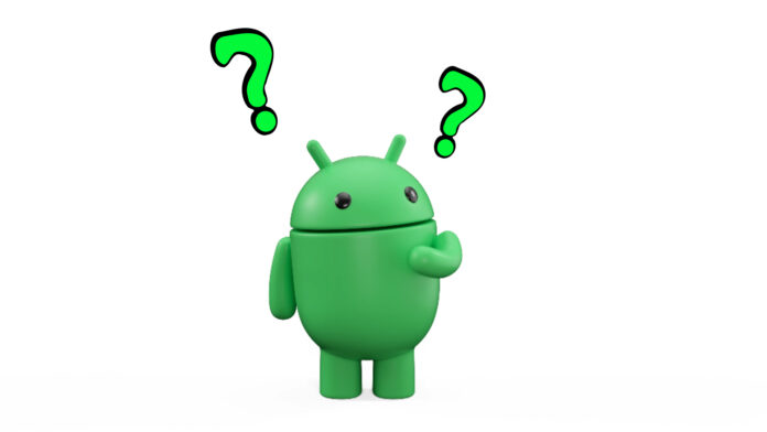 Google's Android mascot with green question marks floating above it.