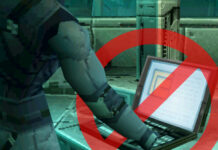 Solid Snake using a laptop in Metal Gear Solid Master Collection, with a No Symbol over the device.