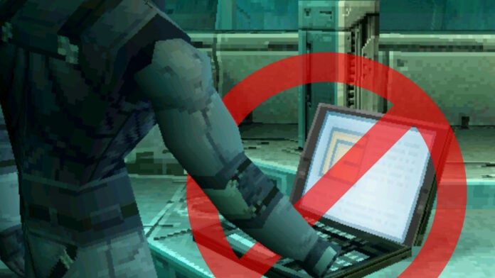 Solid Snake using a laptop in Metal Gear Solid Master Collection, with a No Symbol over the device.